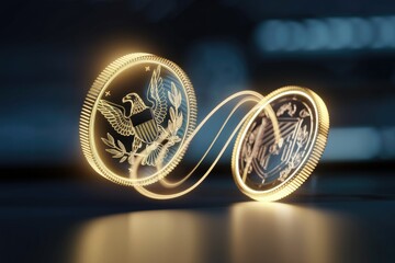 Poster - Glowing gold coins with the US eagle emblem, symbolizing financial transfer or digital currency.