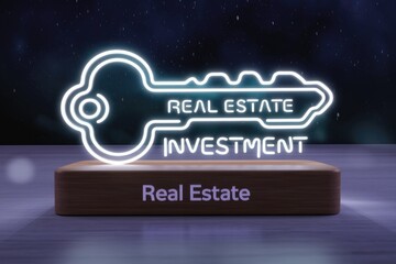 Poster - Neon key symbolizes real estate investment, unlocking financial success and opportunities.