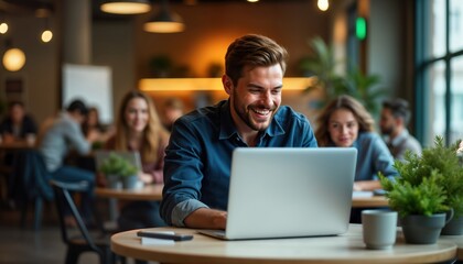 Energetic young programmer works happily on laptop in a busy urban coworking space. Many people are working around them. Modern tech atmosphere. Focuses on tech innovation and collaborative work.