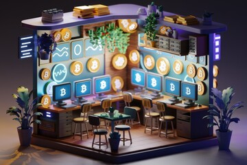 Poster - A stylized 3D rendering of a Bitcoin mining operation, showing multiple computers and cryptocurrency symbols.