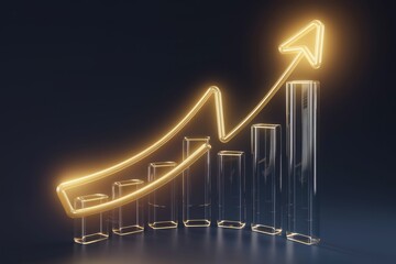 Poster - Glass bar graph with a glowing arrow pointing upwards, illustrating growth and success.
