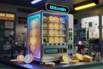 Poster - A Bitcoin vending machine dispenses cryptocurrency coins, showcasing digital currency accessibility and futuristic finance.