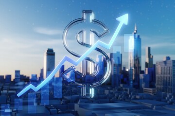 Poster - A glass dollar sign with an upward arrow signifying financial growth and economic prosperity in a cityscape.