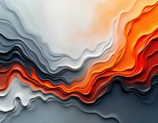 Poster - Abstract art piece with gray, orange layered wavy patterns. Modern design with dynamic texture. Colors blend smoothly creating visually stimulating composition. Wallpaper design could work on walls