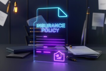 Neon glowing insurance policy document digitally displayed on a desk.