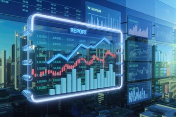Fototapete - Financial report showcasing upward trend, visualized with bar and line graphs against city backdrop.