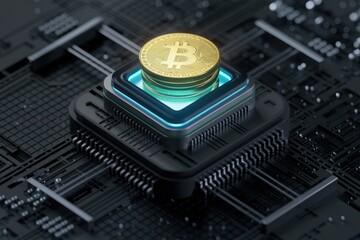 Poster - Bitcoin cryptocurrency coins stacked on a futuristic computer chip, symbolizing digital currency and blockchain technology.