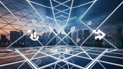 Poster - Futuristic cityscape with glowing network connections and upward trending arrows symbolizing growth and progress.