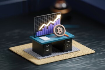 Poster - Bitcoin price rising, shown on a desk with a graph indicating growth and potential investment opportunities.