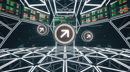 Poster - Futuristic data center with glowing upward arrows symbolizing growth and progress in a technological landscape.