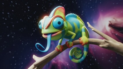 Aufkleber - A vibrant, cartoon chameleon perches on a branch against a cosmic backdrop.