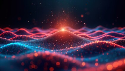 Poster - Colorful abstract visual representation of radio signal. Dynamic wave patterns of luminous particles in vibrant red, blue hues create futuristic tech visual. Intense central energy pulse. Design