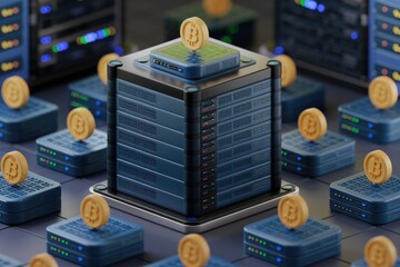 Poster - Bitcoin mining data center:  Powerful servers and cryptocurrency mining.