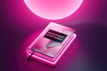 Poster - A book titled 'Investment Strategies' illuminated by neon pink light, symbolizing financial planning and wealth management.