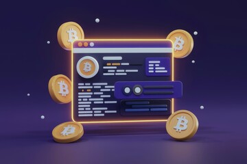 Poster - Bitcoin website interface with digital currency coins orbiting around it, illustrating online cryptocurrency transactions.