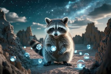 Poster - A whimsical raccoon sits amidst glowing orbs in a surreal desert landscape under a starry night.