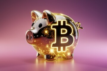 Aufkleber - A golden piggy bank with a glowing Bitcoin symbol inside, representing cryptocurrency savings.
