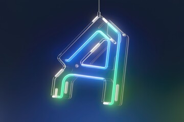 Poster - Neon letter A, glowing vibrant blue and green, hanging from above against a dark background.