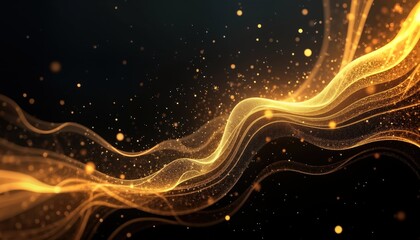 Poster - Abstract design with golden waves on black background. Glittering particles create luxurious, elegant visual effect. Modern pattern ideal for various uses including wallpapers banners, award