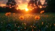 © banyu bening - Dewy flowers sunrise meadow, background trees, calm nature