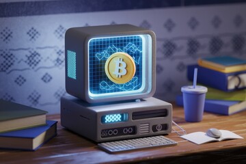 Poster - Retro computer displays Bitcoin price chart, symbolizing cryptocurrency's evolution and impact.
