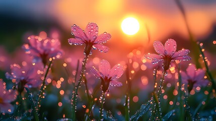 Wall Mural - Dew-kissed flowers sunrise meadow bokeh background