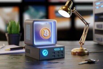Poster - Bitcoin cryptocurrency displayed on a retro-styled computer, illuminated by a desk lamp.