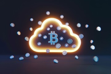 Poster - Bitcoin cryptocurrency cloud mining, digital currency raining from neon cloud.