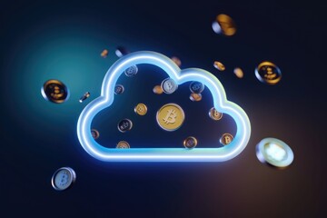 Poster - Neon cloud symbol with Bitcoin cryptocurrency coins falling inside, representing cloud mining or digital asset storage.