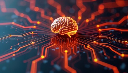 Fototapete - Futuristic tech image. Glowing brain design on electronic circuit board. Abstract illustration of artificial intelligence. Advanced computer chips, motherboard. Advanced tech concept. Modern design.