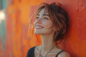 Wall Mural - Young woman smiles joyfully against a vibrant orange wall in a sunlit urban setting during late afternoon