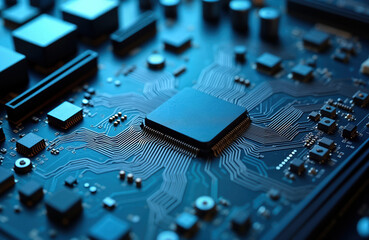 Poster - Closeup electronic mainboard. Complex circuits, components. Blue tech background. Modern tech detail. High tech. Computer system. Digital art. Modern electronic board. Computer motherboard. Circuit