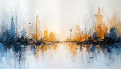 Poster - Abstract painting. Modern art. Cityscape. White gold blue colors. Textured. Rough. Mix of acrylic, oil. Creative design. Decorative style. Beautiful wall art. Canvas. Dynamic. Close-up view of fine