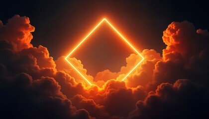 Poster - neon orange, yellow light illuminates diamond shape frame in dark space filled with clouds. futurist