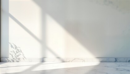 Poster - Empty white room with marble floor, wall. Sunlight casts shadows on wall. Minimalist design. Modern interior. Perfect for product display. Studio backdrop. Ideal for furniture, home decor, fashion