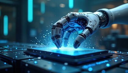 Poster - Futuristic robotic arm interacts with advanced machine. Blue lights, energy waves surround scene. Tech arm operates modern machine. Scene suggests future of automated manufacturing advanced tech