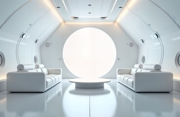 Poster - Clean white futuristic interior. Modern space ship sci-fi lab. Smooth walls, furniture. Circular window. Empty room. Possible tech office control center. Futuristic design. Concept art for spaceship