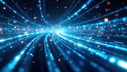 Poster - Abstract digital data flow. Glowing blue lines represent high speed global data transfer. Futuristic virtual network connection. Fast broadband fiber optic tech. Modern cyber communication concept.