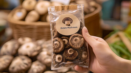 Wall Mural - Hand holding packaged shiitake mushrooms at market  
