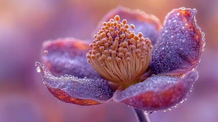 Wall Mural - Dewy purple flower blooming in garden with blurred background, spring