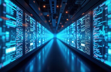 Poster - Futuristic tech hallway. Rows of glowing blue screens display data. Big data, e-commerce concepts visible on digital screens. Modern, innovative design creates futuristic effect. Modern tech,