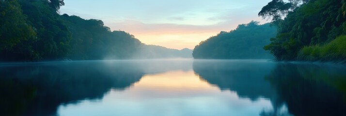 Wall Mural - A calm lake with a beautiful sunset in the background. The water is still and the sky is a mix of orange and pink hues. The scene is serene and peaceful