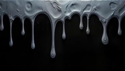 Poster - Grey slime drips down black background in artistic design. Visually striking abstract illustration. Intricate texture, form of goo. Unique design for wallpaper decoration. Modern art piece with