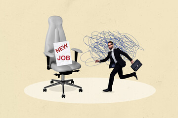 Wall Mural - Creative trend artwork design 3D collage sketch of young man run new job vacancy candidate armchair hr entrepreneur hiring worker office