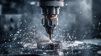 Poster - A CNC machine cutting metal with precision on a deep industrial gray background.