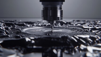 Poster - A CNC machine cutting metal with precision on a deep industrial gray background.