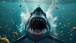 © Viktor - Powerful great white shark emerges from deep ocean water. Mouth opens wide showing sharpened teeth. Many small fish swim around shark. Underwater scene shows ocean power, marine life. Stunning