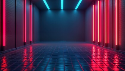 Poster - Empty futuristic tech space. Neon lights in blue, pink illuminate geometric patterns on walls, floor. Spotlight shines on floor. Perfect backdrop for products tech concepts. Nighttime scene. Mock-up