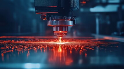 Poster - A futuristic precision cutting machine with laser guidance on a smooth silver background.