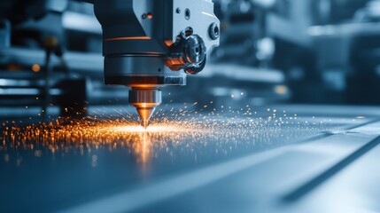 Poster - A futuristic precision cutting machine with laser guidance on a smooth silver background.